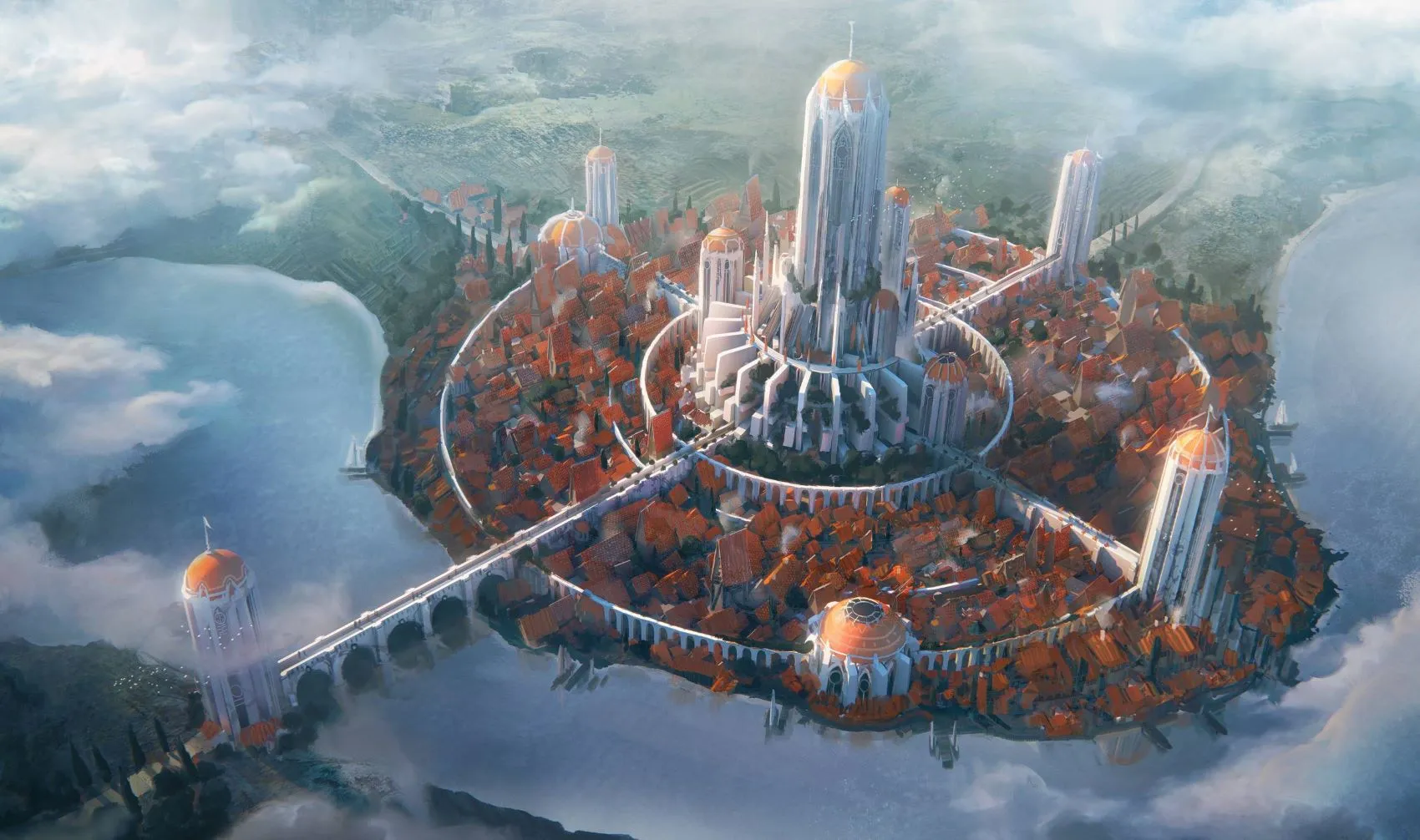 picture of a company surrounded by a city and bridges in a magical world in the sky