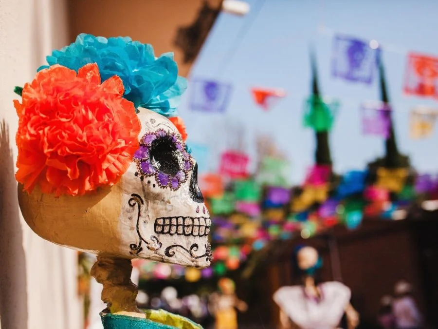 image of a death orned with a flower skull near a wall